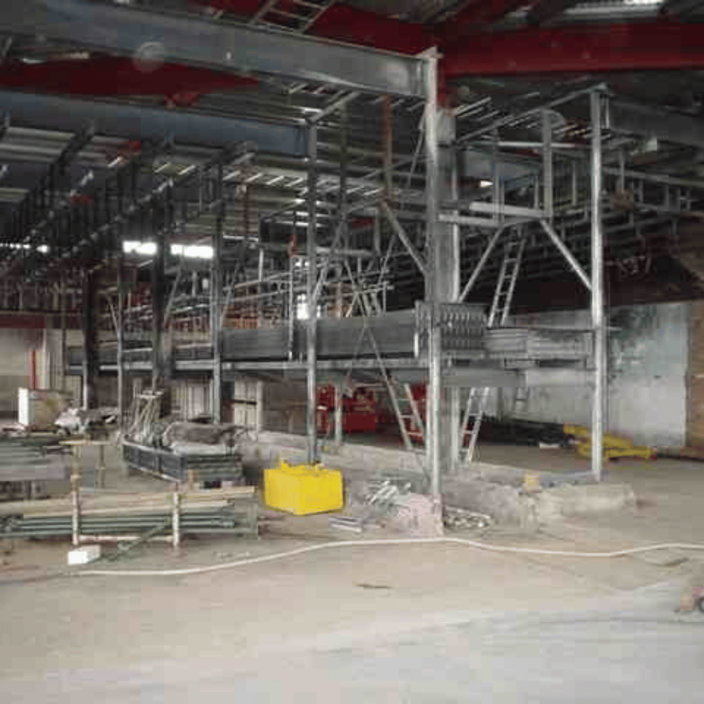 Structural steel frame during industrial building construction